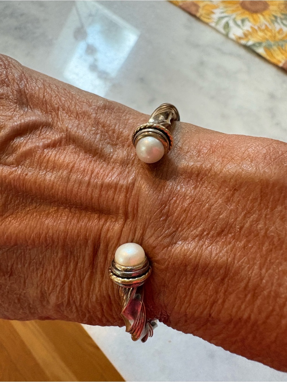 Sterling Silver/14K Pearl Open Twisted Cuff Bracelet